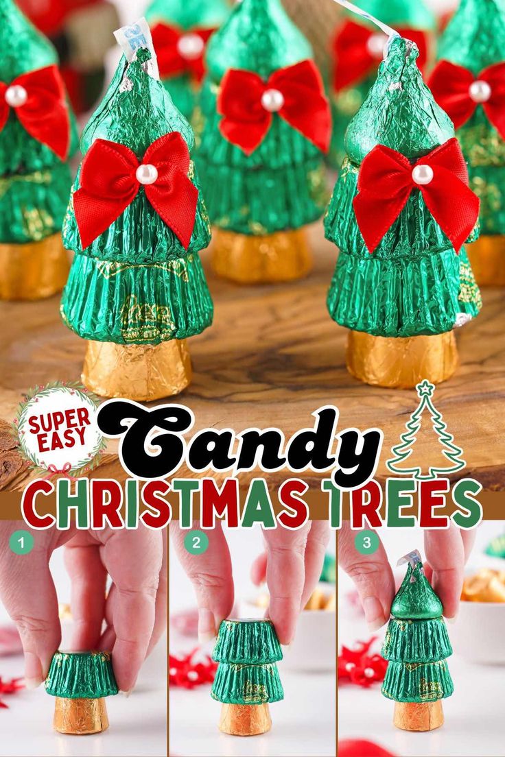 candy christmas trees with red bows on them