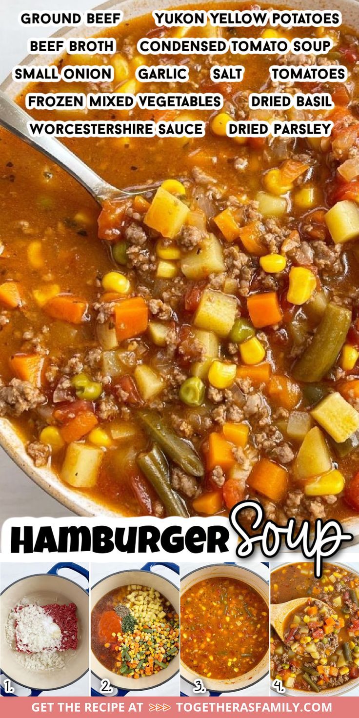 A picture of soup with a collage of step by step pictures at the bottom. Text box with the title and a list of ingredients needed to make it. Best Hamburger Soup Recipe, Beef Soup Recipes, Dinner Recipes Easy, Hamburger Soup, Homemade Soup Recipe, Ribs Recipe, Delicious Soup Recipes, Soup Recipes Slow Cooker, Ground Beef Recipes For Dinner