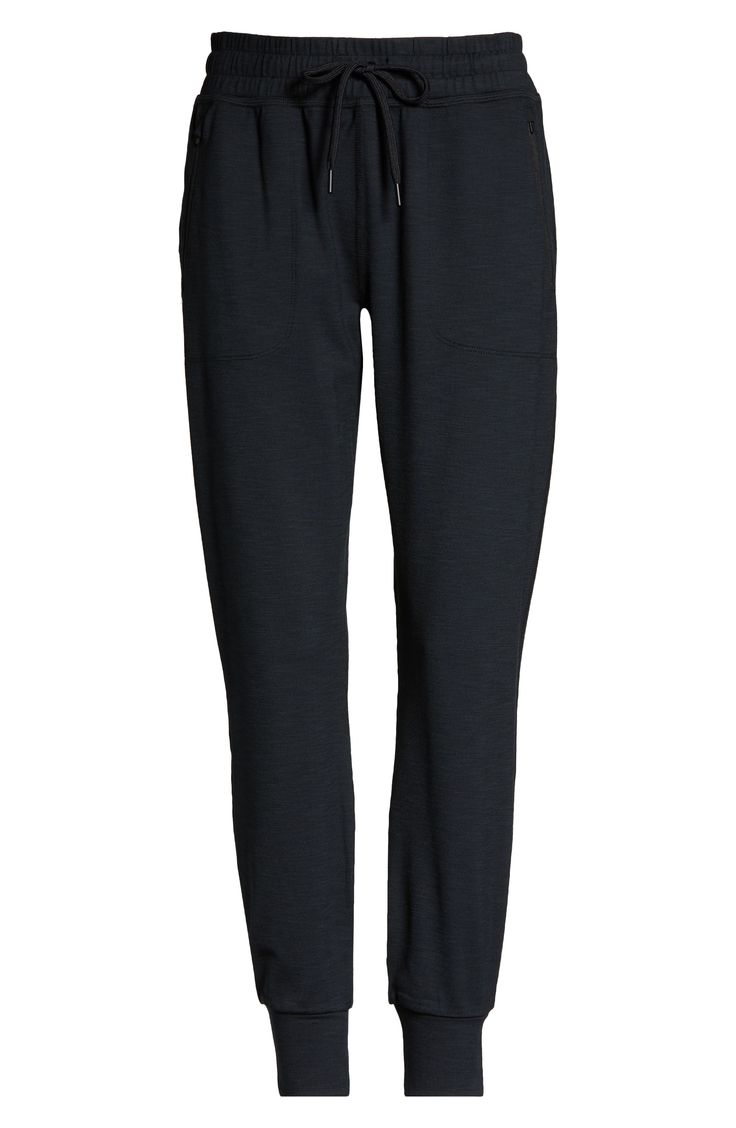 Zip pockets and a drawstring waist underline the casual feel of finely ribbed joggers crafted with plenty of stretch. 26 1/2" inseam; 9" leg opening; 11 3/4" front rise; 15 1/2" back rise (size Medium) 82% polyester, 18% elastane Machine wash, dry flat Made in the USA of imported fabric Relaxed Fit Athleisure Bottoms With Functional Drawstring, Black Athleisure Joggers For Lounging, Black Activewear With Elastic Waistband For Lounging, Sporty Joggers With Ribbed Waistband For Lounging, Black Activewear For Lounging With Elastic Waistband, Sporty Joggers With Functional Drawstring, Black Activewear For Lounging, Athleisure Joggers With Functional Drawstring, Athleisure Joggers With Functional Drawstring For Jogging