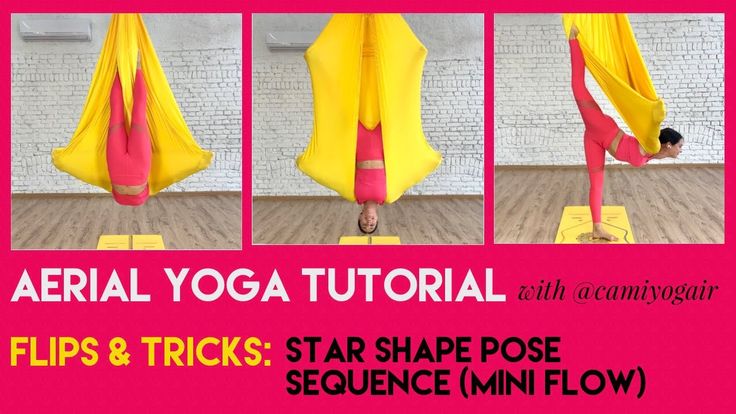 a woman is doing aerial yoga exercises on a pink and yellow background with text reading aerial yoga tutor flips & tricks star shape pose sequence sequence