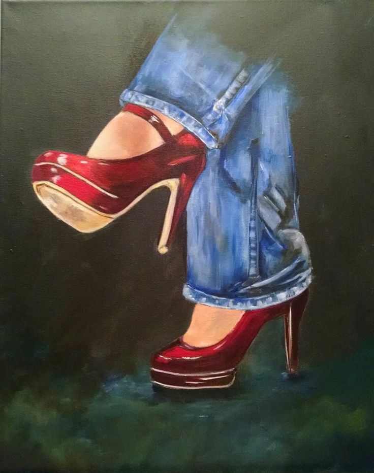 a painting of a woman's red high heeled shoes with her jeans on