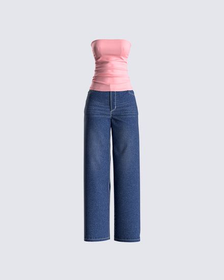 A simple fit, but a total slay 👏 This two-piece set can easily be dressed up or down depending on the vibes. Featuring a pink knit tube top, paired with straight-leg blue jeans for a versatile, and chic look 💗 Casual Non-stretch Strapless Tube Top, Casual High Waist Stretch Tube Top, Trendy Pink Stretch Tube Top, Pink Jeans For Spring Day Out, Pink Jeans For Day Out In Spring, Trendy Pink Crop Top, Trendy Pink Jeans For Day Out, Chic Stretch Tube Top For Loungewear, Casual Stretch Tube Top For Loungewear