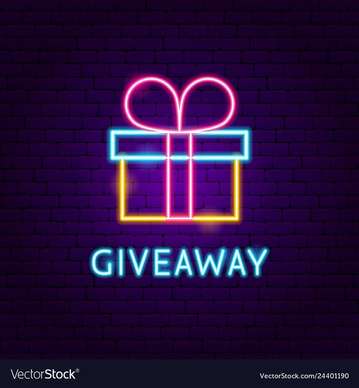 a neon sign that says giveaway with a gift box in the center on a brick wall