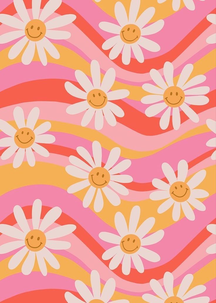 a pattern with daisies on pink and yellow background, which has smiley faces in the middle