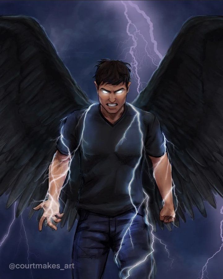 a man with black wings and lightning in the background