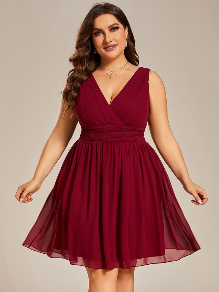 This short v neck bridesmaid dress features a sleeveless design and short length. It is perfect for any petite girl. The chiffon fabric makes this short bridesmaid dress very flowy and very comfortable to wear. This women's short v neck maid of honor dress is perfect for parties, and for all formal occasions, from evening parties, cocktails, weddings to prom, homecoming, and graduation! Fit: Please refer to the Size Chart. Length: Short.   Closure: This dress is secured with a zipper up the back. Undergarments: This dress is fully lined and slightly padded in the bust. Fabric: Shell:100%Polyester,Lining:100%Polyester. Stretch: Fabric is Low Stretch. Plus Size Semi-formal Dress, Plus Size Dresses To Wear To A Wedding As A Guest, Short Pretty Dresses, Wedding Puglia, Short Dress Plus Size, Plus Formal Dresses, V Neck Bridesmaid Dress, Maid Of Honor Dress, Short Bridesmaid Dress