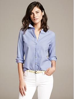 Oxford Shirt | Banana Republic $39.99 Trendy Office Shirt For Spring, Trendy Spring Shirt For Office, White Button-up Shirt With Striped Cuffs, Spring Cotton Blouse With Fold Down Collar, Workwear Shirt With Button Cuffs And Collar, Trendy Formal Button-up Tops, Trendy Button-up Formal Tops, Formal Shirt With Cuffed Sleeves For Spring, Slim Fit Button-up Blouse With Button Cuffs