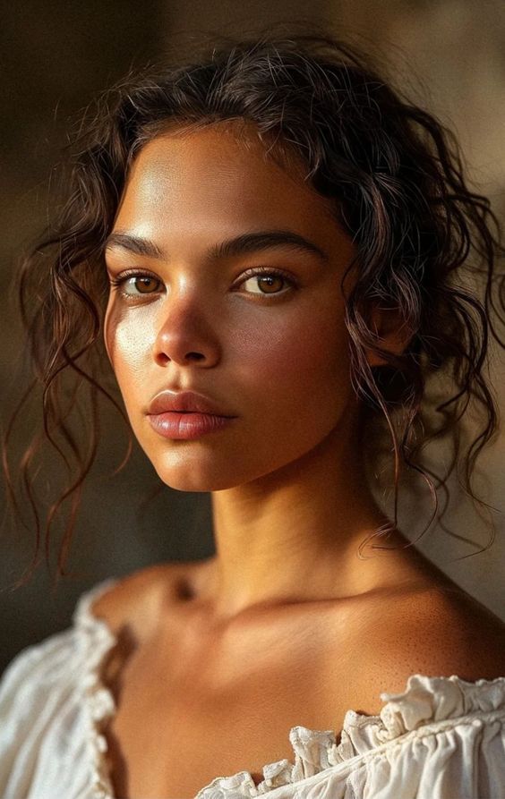 a woman with curly hair wearing a white dress