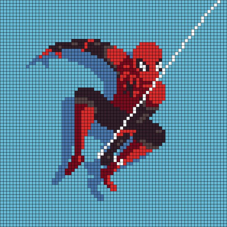 a cross stitch spiderman is flying through the air