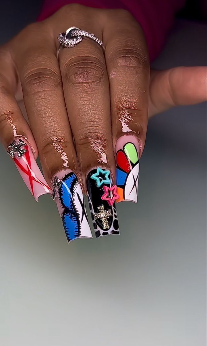 Lipstick Nails Design, Lipstick Nails, Halloween Acrylic Nails, Hippie Nails, Colored Acrylic Nails, Simple Acrylic Nails, Exotic Nails, Acrylic Nails Coffin Pink, Long Square Acrylic Nails