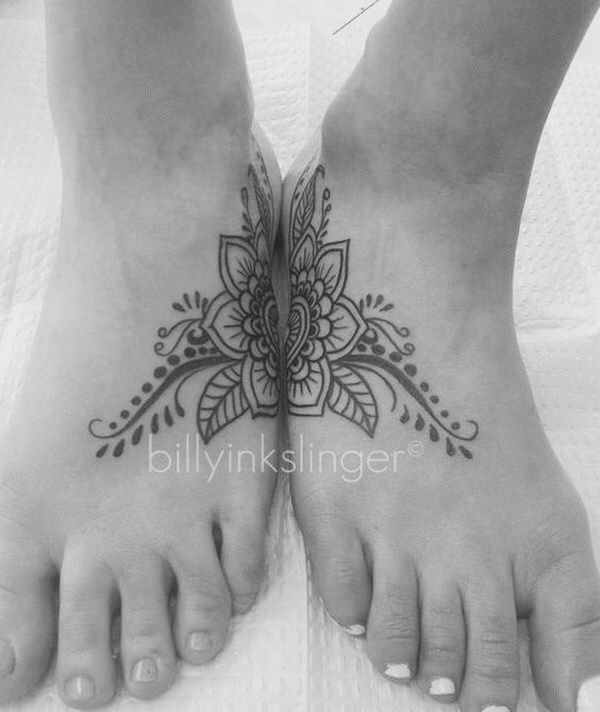 two feet with tattoos on them, one has a flower and the other is a leaf