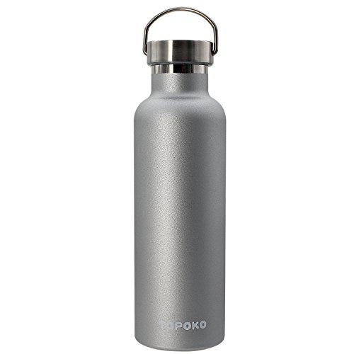 a stainless steel water bottle is shown with the lid open and has a handle on it