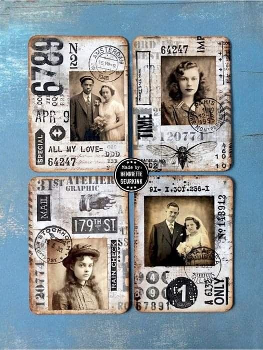 four old fashioned photos are arranged in the shape of coasters