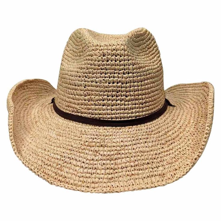 Let's go, girls! The Saint Martin crochet raffia western cowboy hat is a great hat for any occasion--from breezy beach to rousing rodeo. This 100% raffia straw hat is lightweight, breathable, and comfortable. The 3.75" brim is upturned yet flexible enough to withstand movement, and the crown is stiffened to hold its shape. The elasticized sweatband inside is sure to provide comfort for all day wear, and the adjustable chin strap makes sure it remains secured no matter what you're doing. Medium: Upf Clothing, Outback Hat, Western Hat, Western Cowboy Hats, Western Hats, The Saint, Saint Martin, Cowboy Hat, Western Cowboy