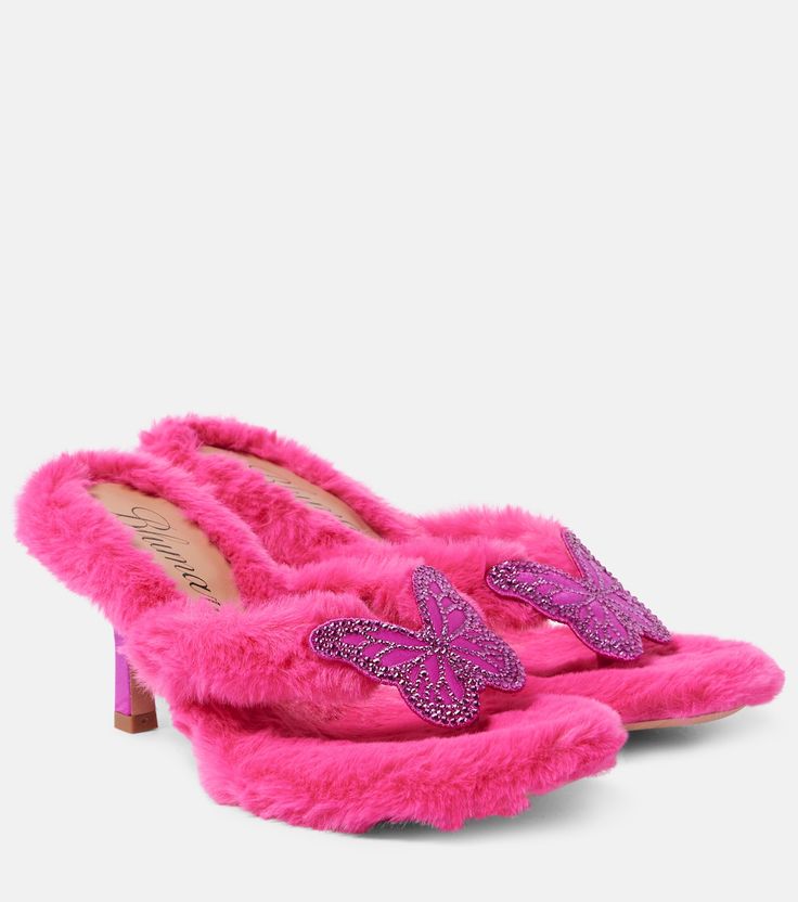 Butterfly 75 faux fur sandals in pink - Blumarine | Mytheresa Blumarine Butterfly, Aesthetic Crocs, Baddie Shoes, Faux Fur Sandals, Leopard Print Sandals, Bad Fashion, Fur Sandals, Fashion Words, Shoes Heels Classy