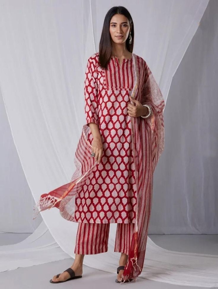 Handblock printed kurta set with dupatta cotton, summer collection, officewear, casual wear, fashion, bright colour, comfortable, embroidery. Red Cotton Palazzo Set With Chikankari Embroidery, White Chanderi Palazzo Set With Block Print, Red Chanderi Kurta With Printed Motifs, White Cotton Silk Kurta With Block Print, Block Print Mulmul Lawn Suit For Eid, Multicolor Palazzo Set With Printed Border, Eid Lawn Suit With Block Print In Mulmul, Eid Straight Kurta With Block Print, Diwali Palazzo Set In Mulmul With Printed Motifs