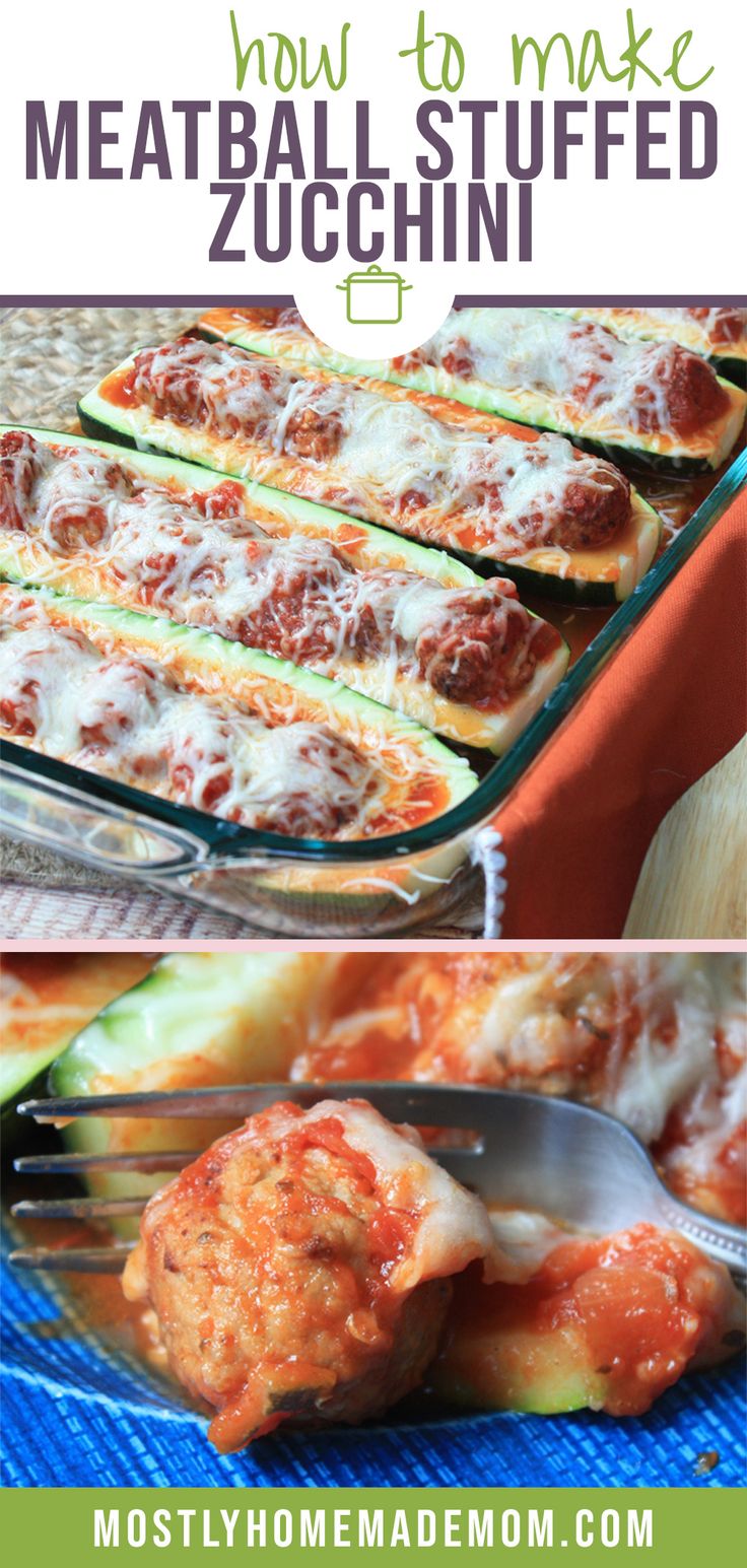 meatballs stuffed zucchini in a casserole dish with cheese and sauce