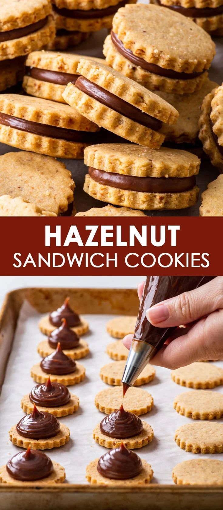 an image of homemade hazelnut sandwich cookies with chocolate frosting on the top and bottom