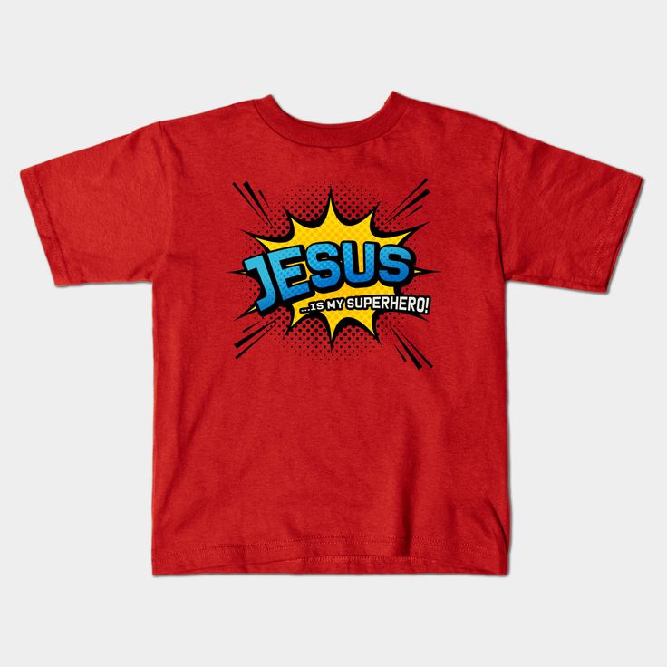 This colourful starburst explosion comic book style design features the words 'Jesus is my superhero', perfect gift for any Christian. Show your faith with this fantastic design. Any Christian would love this fun super hero design - great for comic book fans and gamers. Check out our other designs. -- Choose from our vast selection of kids T-Shirts to match anything from your child's favorite design to unique, funny designs to make the perfect custom graphic children's T-Shirt. Put what they lo… Superhero Shirt Ideas, Jesus Superhero, Super Hero Design, Jesus Is My Superhero, Hero Design, Super Hero Shirts, Faith Tshirts, My Superhero, Superhero Kids