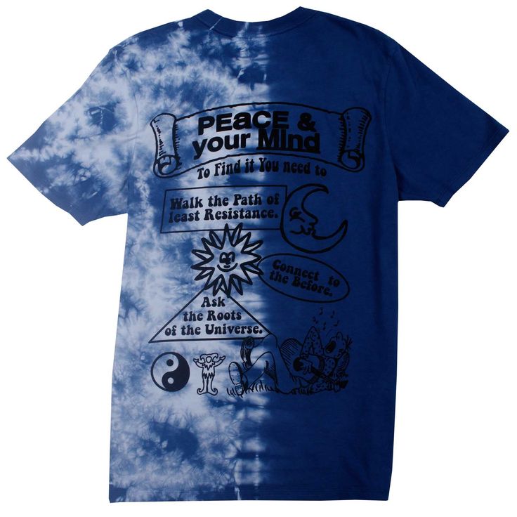 Asymmetrical half tie-dye design. Graphics printed on front and back. Tie-Dye 100% high quality combed cotton for a soft feel Screen printed graphics on front and back Cloudy Blue all over tie dye on half of the front and half of the back Short sleeve tee. Rib collar. Neck and shoulder tape Style Code: ALT5051 Blue Cotton T-shirt For Festivals, Hand Dyed Blue Graphic Tee, Blue Hand Dyed Graphic Tee, Festival Bleached Cotton T-shirt, Festival Cotton Bleached T-shirt, Bleached Cotton T-shirt For Festivals, Blue Graphic Print T-shirt For Festivals, Acid Wash Cotton Hippie T-shirt, Blue Hippie Cotton T-shirt