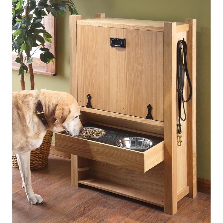 a dog standing next to a wooden cabinet with its food bowl in it's drawer