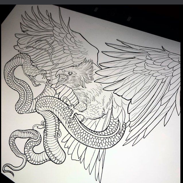 a drawing of an eagle with a snake on it