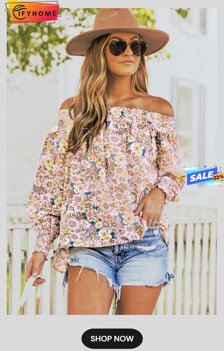 Off The Shoulder Smocked Floral Top Jeans Heels, Ditsy Floral Print, Off Shoulder Top, Off Shoulder Tops, Fine Fabric, Pants Jeans, Ditsy Floral, Floral Top, Off Shoulder Blouse