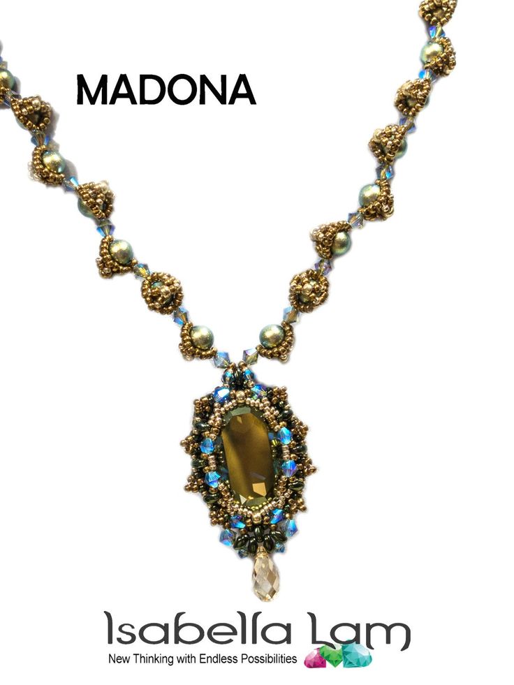 a necklace with beads and glass beads on it's sides, the words madonna written in