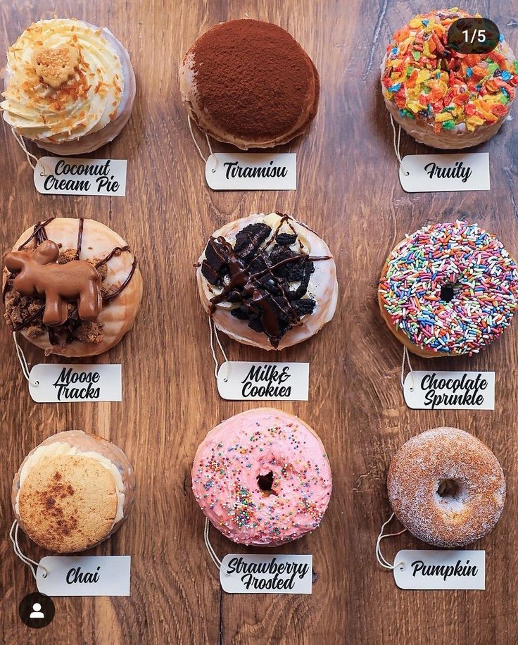 there are many different types of doughnuts on the display table with price tags