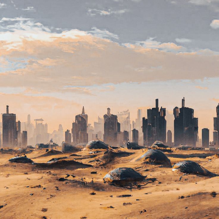 a painting of a city in the desert with rocks and sand on the foreground