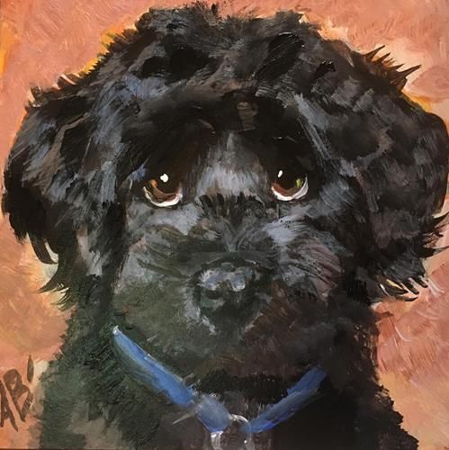 a painting of a black dog with brown eyes and a blue collar is shown in front of an orange background