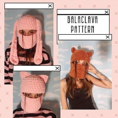 three photos of a woman wearing a knitted animal hat with ears and nose covers