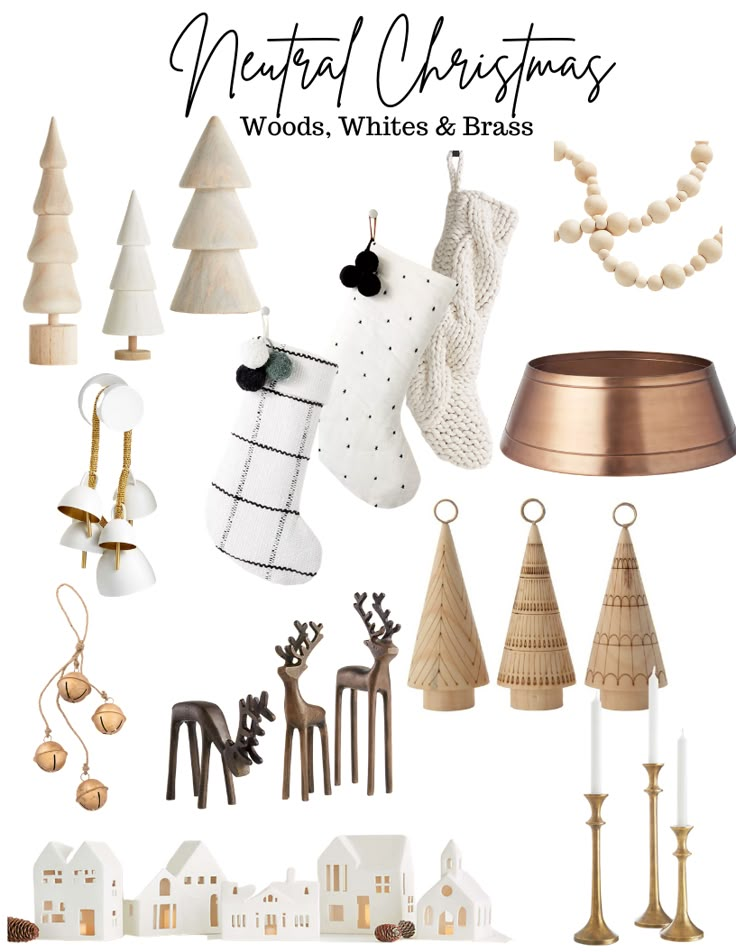 christmas decorations and accessories are arranged on a white background with the words merry christmas woods, whites