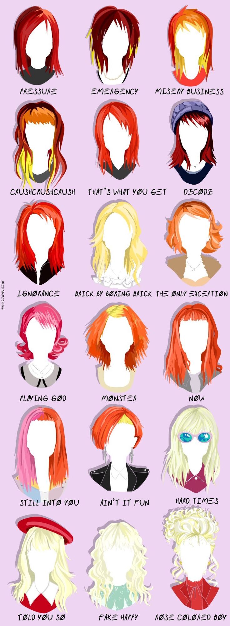 many different types of wigs on a pink background, with the names and colors in each