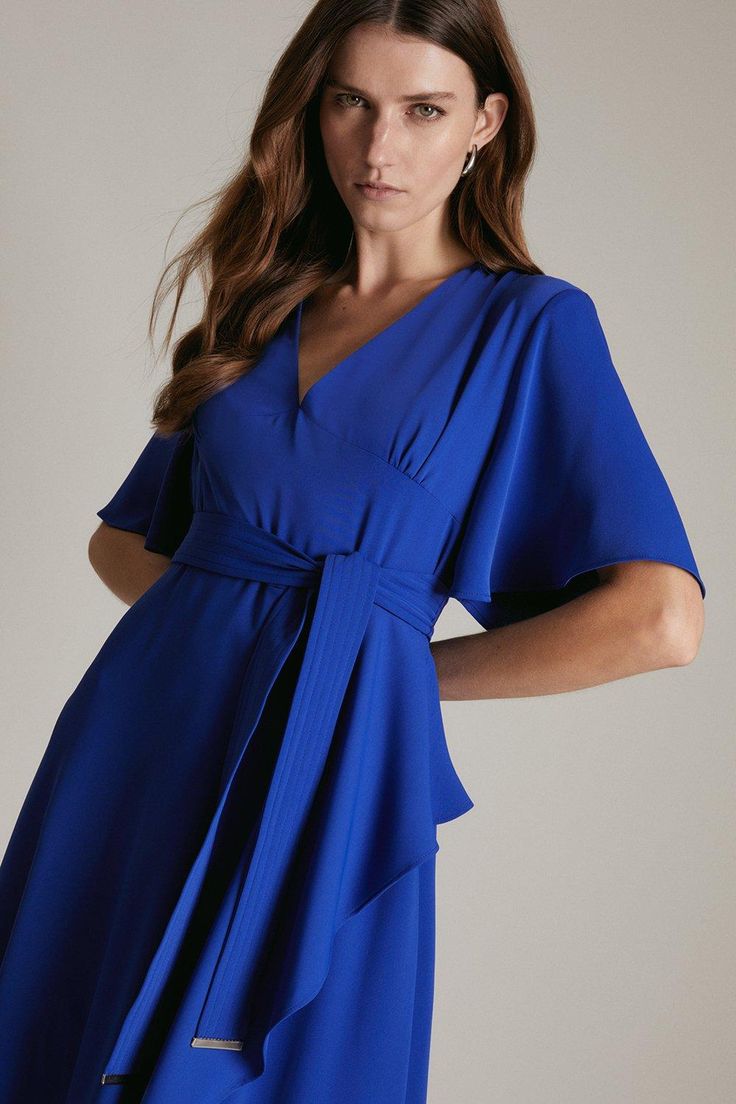 Soft Tailored Ruffle Midi Dress Elegant V-neck Belted Dress For Evening, Elegant Knee-length Belted Party Dress, Elegant Maxi Length Belted Dress For Party, Elegant Short Sleeve Belted Party Dress, Elegant Belted Mini Dress For Evening, Elegant Summer Cocktail Belted Dress, Elegant V-neck Belted Evening Dress, Elegant Blue Belted Mini Dress, Elegant Maxi Length Belted Evening Dress