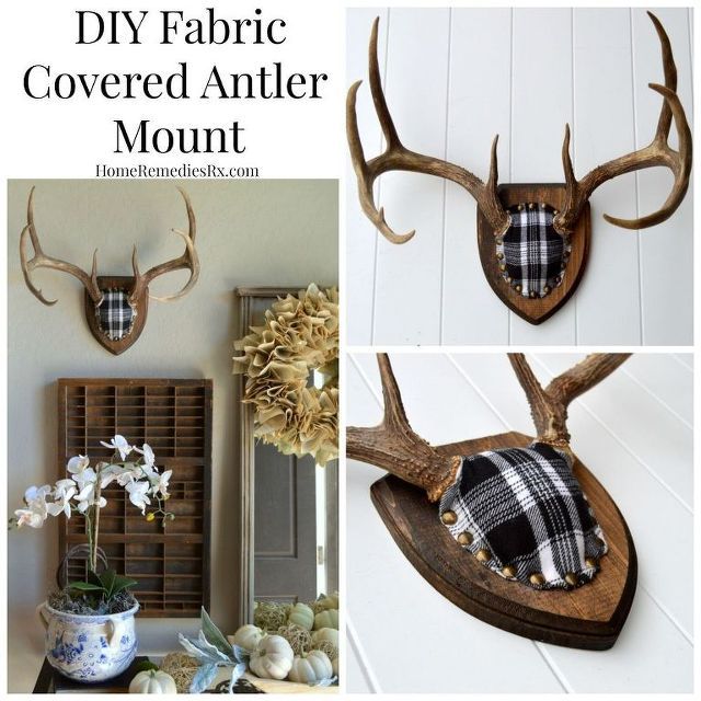 some deer head mounted to the side of a wall with plaid fabric covering it's antlers