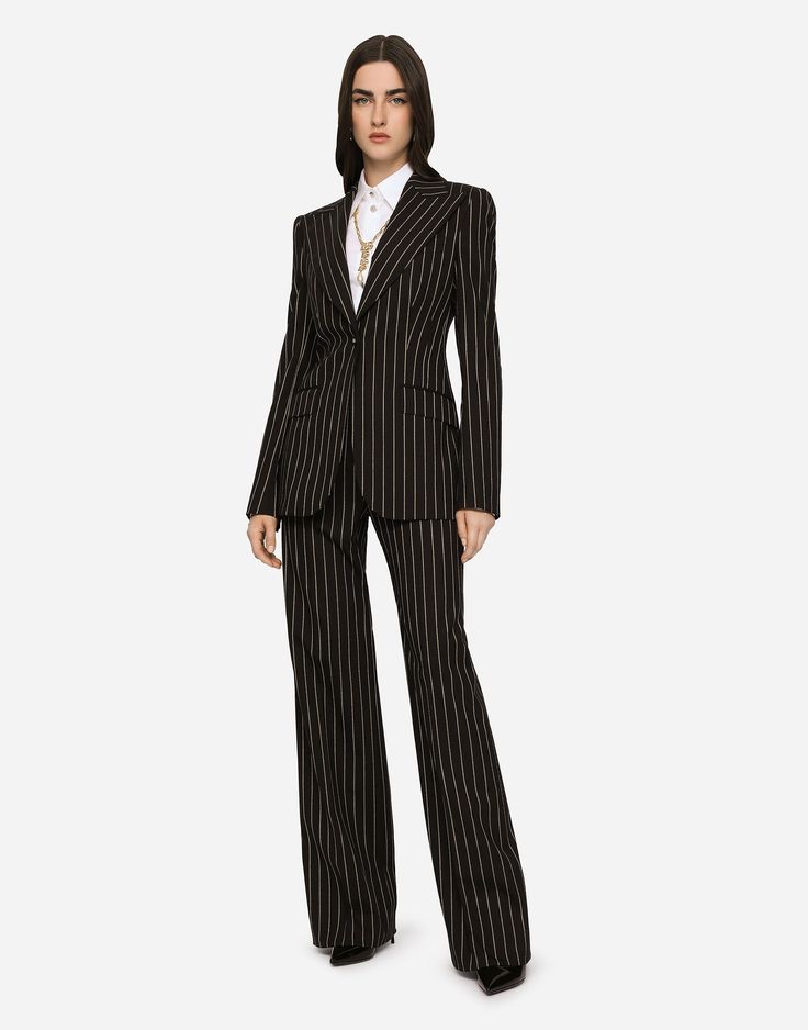 Pinstripe wool palazzo pants Pinstripe Suit Women, Form Outfits, Gentleman Outfit, Sixth Form, Prom 2024, Dg Logo, Blazer Outfit, Pinstripe Suit, Breasted Blazer