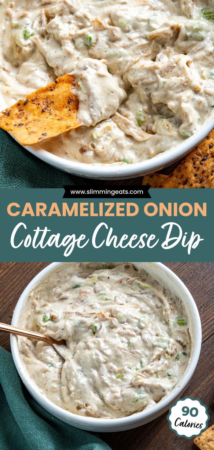 an image of homemade cottage cheese dip in a bowl with tortilla chips on the side