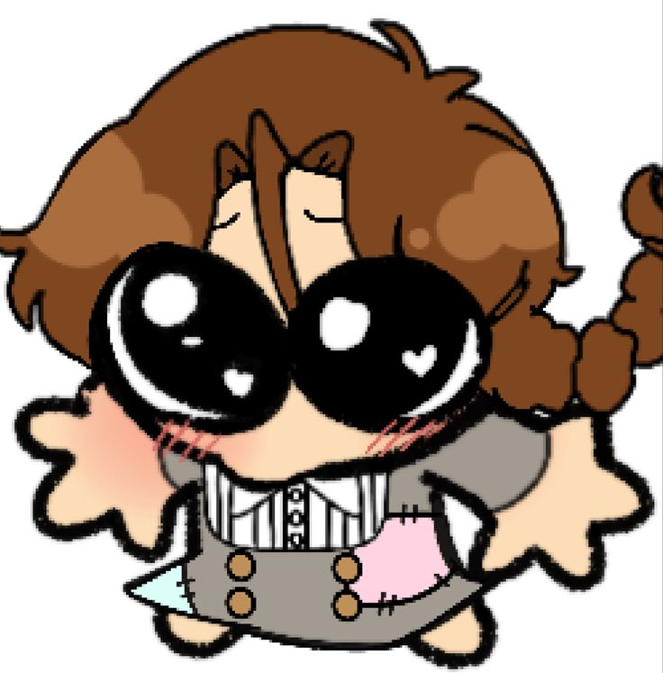 a cartoon girl with big eyes and brown hair is holding an object in her hand