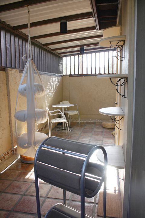 the inside of a room with chairs and tables on the floor, next to a hammock hanging from the ceiling