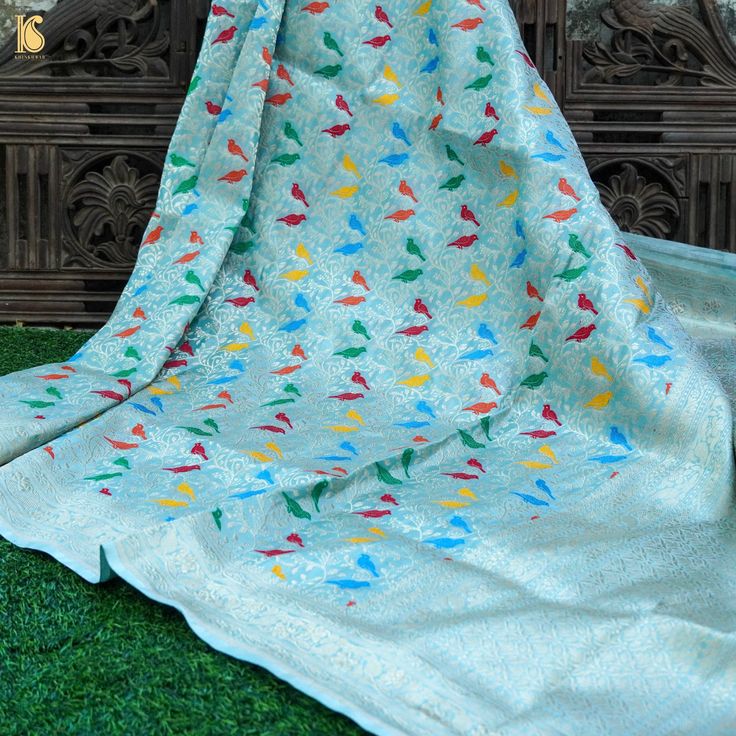 Blue Pure Katan Silk Handwoven Banarasi Jaal Bird Dupatta - Khinkhwab Chanderi Fabric With Multicolor Zari Work, Art Silk Fabric In Multicolor Traditional Drape, Multicolor Chanderi Fabric With Zari Work, Multicolor Art Silk Fabric In Traditional Drape, Multicolor Handloom Silk Lehenga, Multicolor Silk Handloom Lehenga, Traditional Multicolor Zari Weaving Wear, Traditional Multicolor Wear With Zari Weaving, Traditional Multicolor Traditional Wear With Zari Weaving