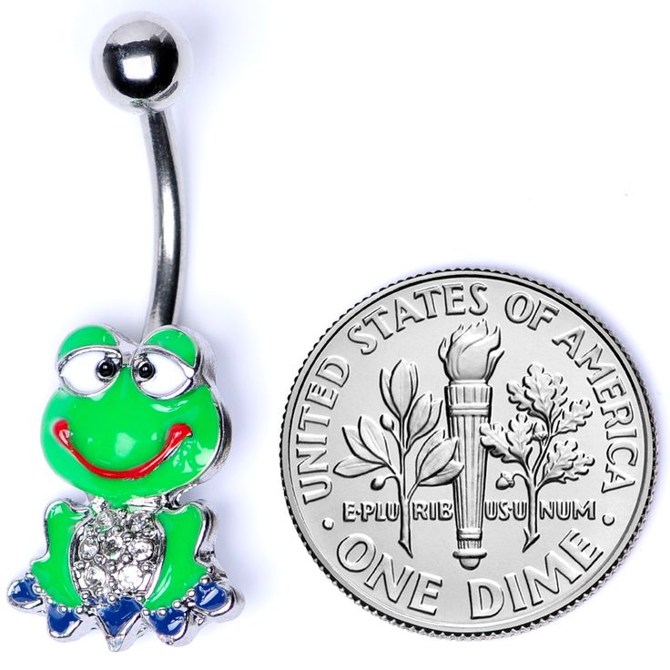 Clear Gem Green Goofy Frog Belly Ring This frog is so happy to be in your navel piercing that he's absolutely goofy with glee! This 14 gauge navel ring is made with a 3/8" durable 316L surgical grade stainless steel curved barbell with a 5mm top ball end. The bottom end features a whimsical green frog charm with clear gems. It's wearing a big silly smile and features black detailing on its toes for some extra color. Let this funny frog belly button ring add some capricious color to your belly pi Goofy Frog, First Rib, Jewelry Promotion, Green Gem, Funny Frogs, Tongue Rings, Navel Ring, Navel Piercing, Belly Piercing