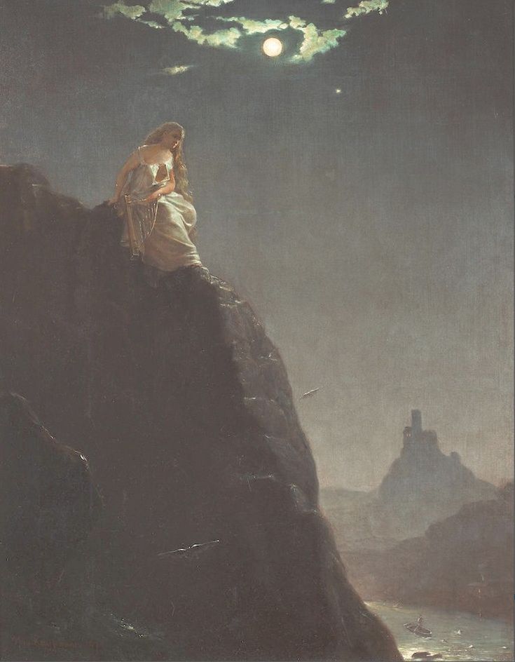 a painting of a woman sitting on top of a mountain next to the ocean at night