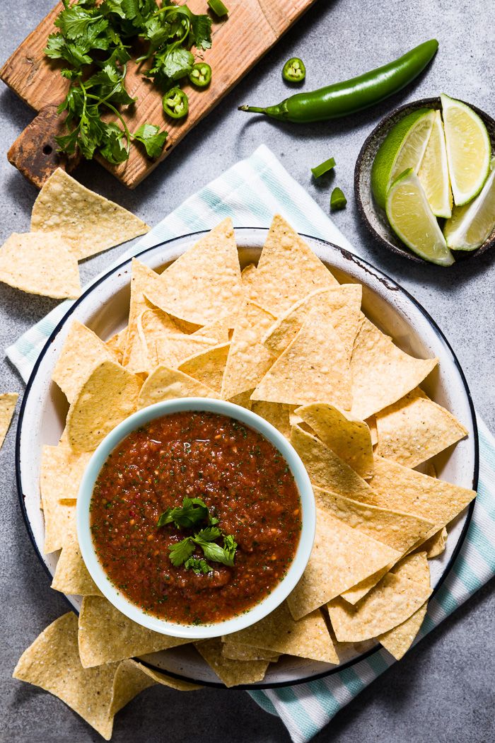 a white plate topped with chips and salsa