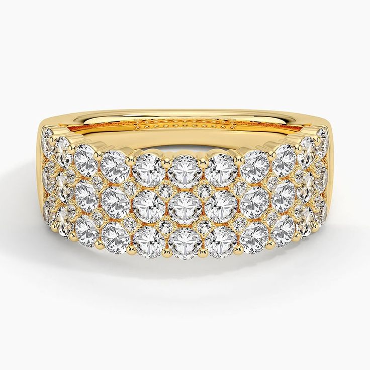 Three Row Lab Diamond Wedding Ring (1 1/2 ct. tw.) - 18K Yellow Gold. Three rows of shining lab diamonds wrap across the top half of this luxurious ring for a look of seemingly endless sparkle. Engagement Plan, Wedding Anniversary Rings, Shimmer N Shine, Diamond Wedding Ring, Funky Jewelry, Diamond Wedding Rings, Lab Diamonds, Diamond Wedding, Anniversary Rings