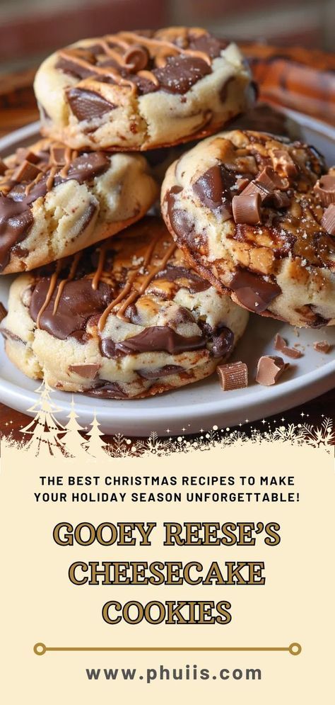 some cookies on a white plate with chocolate drizzled over them and the words gooey reese's cheesecake cookies