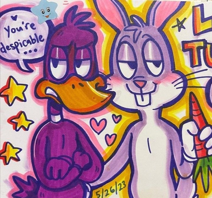 a drawing of a duck and bunny holding carrots