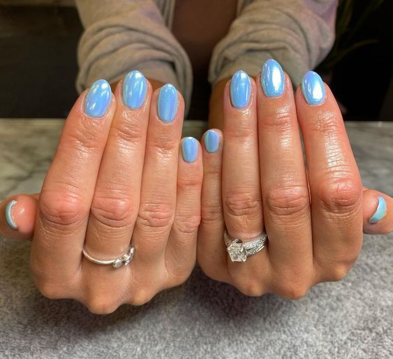 21 Summer Nail Designs For Short Nails - Lauren Erro Blue Gel Chrome Nails, Preppy Nail Ideas Almond, Baby Blue With Chrome Nails, Chrome Dip Powder Nails Blue, Blue Nails With Pink Chrome, Colorful Crome Nails, Blue Crome Nails Acrylic French, Light Blue Glossy Nails, Baby Blue Iridescent Nails