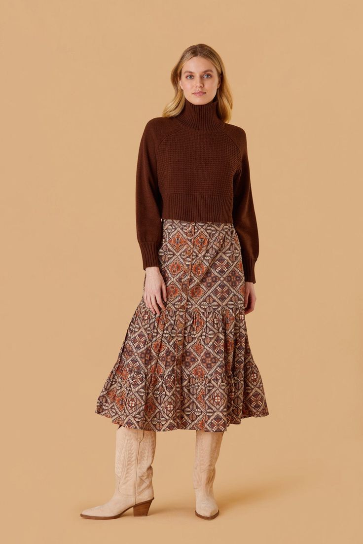 OLIVIA by Livro Eloise Skirt, Chai Medallion Floral Cotton Skirt, Reunion Outfit, Chunky Sweaters, Skirt And Boots, Eccentric Style, 2024 Wishlist, Teacher Clothes, Skirts With Boots, Daytime Dresses