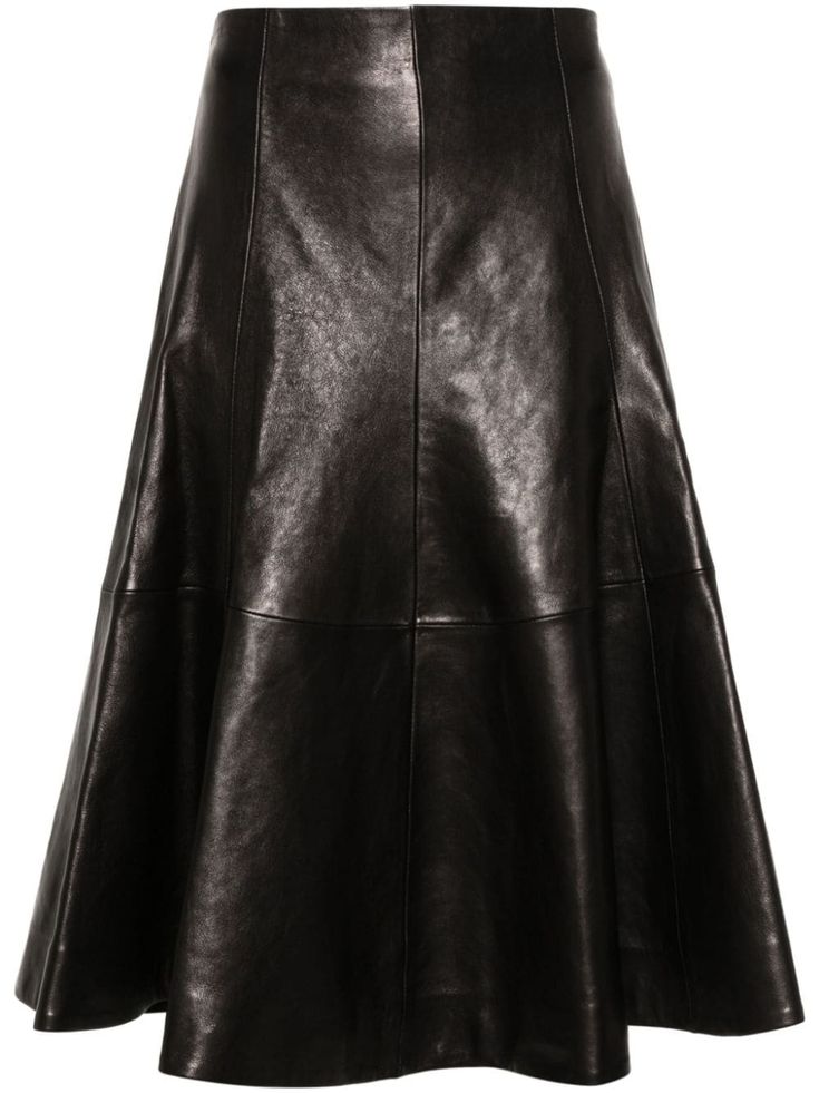 black lambskin pebbled texture panelled design flared knee-length full lining straight hem concealed side zip fastening Midi Skirt Black, Textured Panels, Leather Midi Skirt, Full Skirts, Black Midi Skirt, Glam Rock, Skirt Black, Panel Design, A Line Skirts